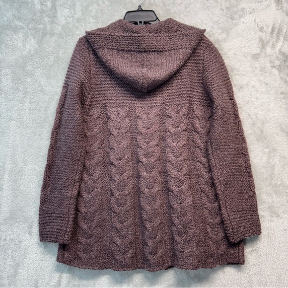 BCBG MaxAzria Plum Wool Blend Hooded Button Chunky Fisherman Sweater Size XL - Picture 7 of 7